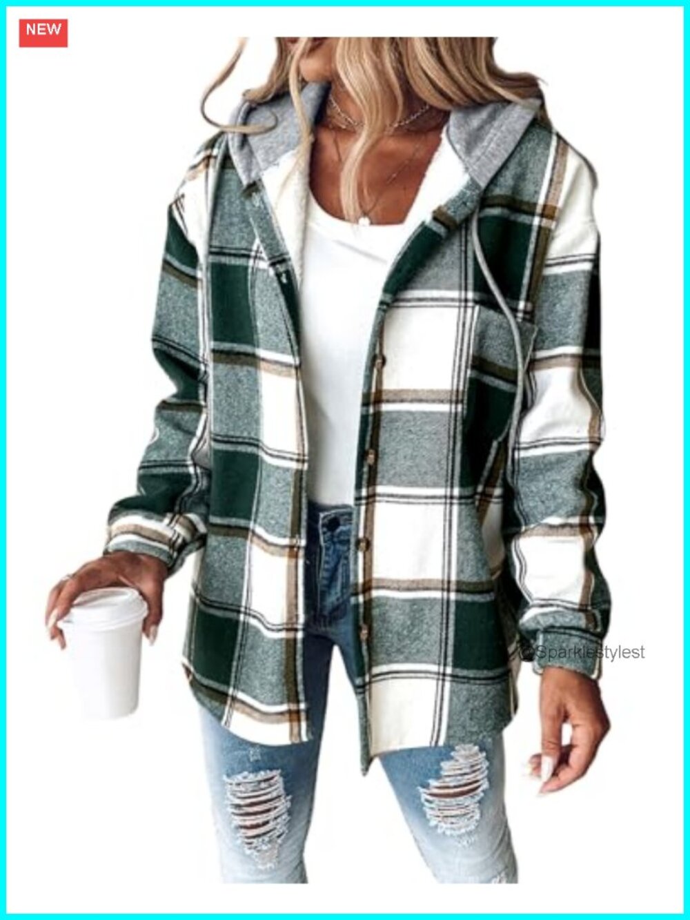 Plaid Hooded Fleece Lined Shacket Button Down Casual Jacket